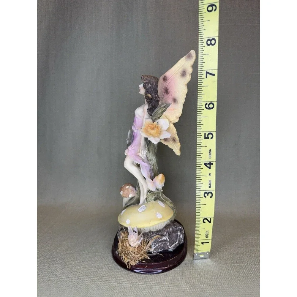 Woodland Fairy Figurine Pink Dress On Mushrooms Real (dead) Flowers
